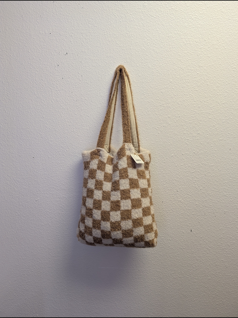 Free People Cozy Checkerboard Tote Bag With Matching Scarf in Beige and Cream